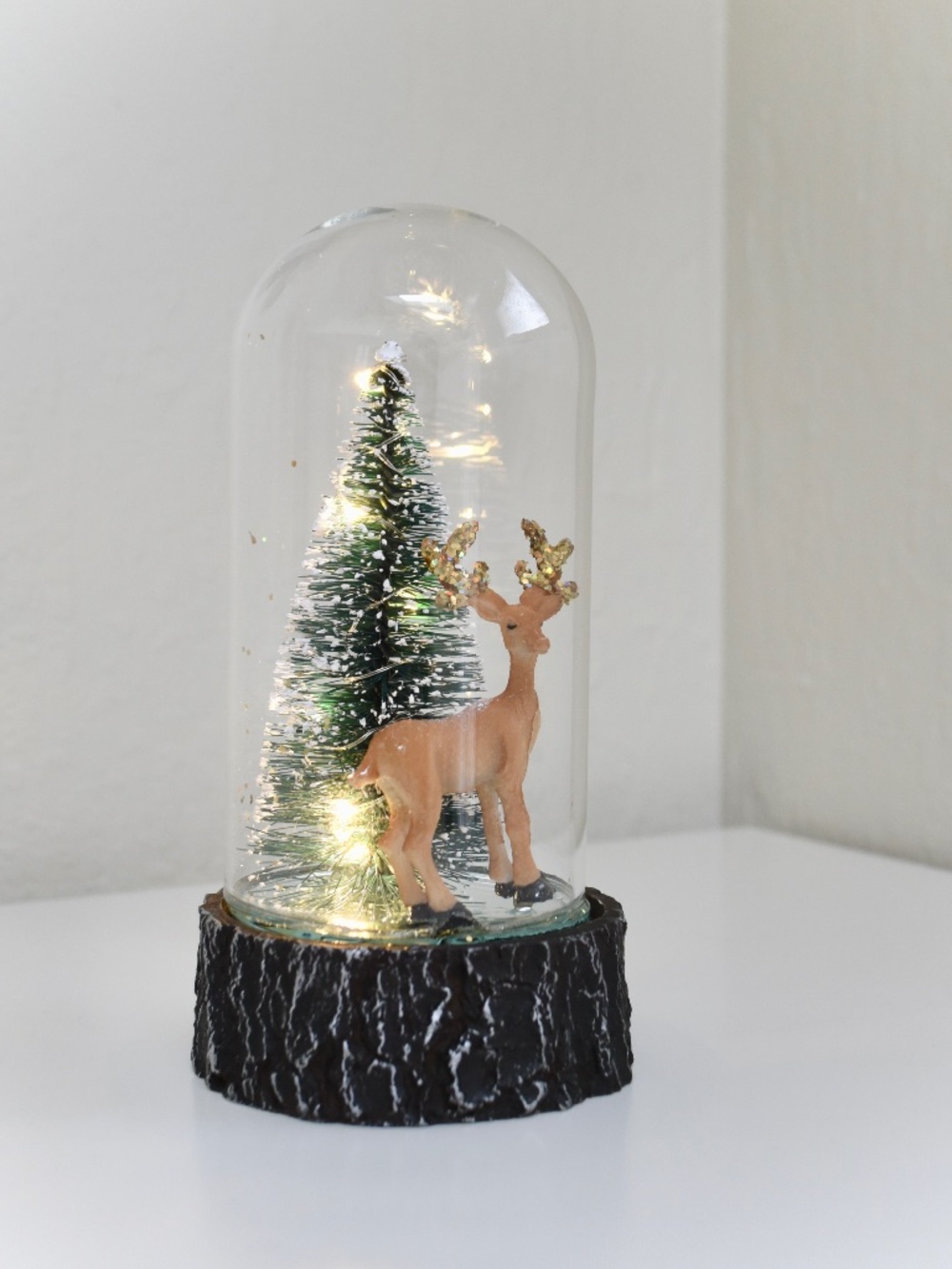 Holiday Deer Tree Glass Dome Cloche Terrarium w/ Fairy Lights & Wood Style Base